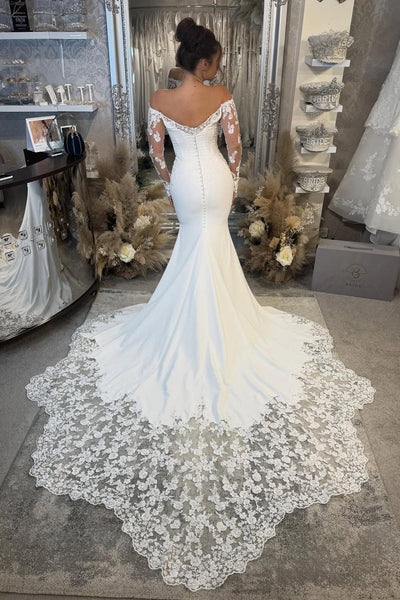 Elegant Mermaid Off the Shoulder Satin Prom Dress with Appliques DM1111806