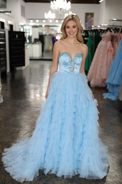 A-Line Strapless Ruffle Tiered Tulle Long Prom Dress MD4021904