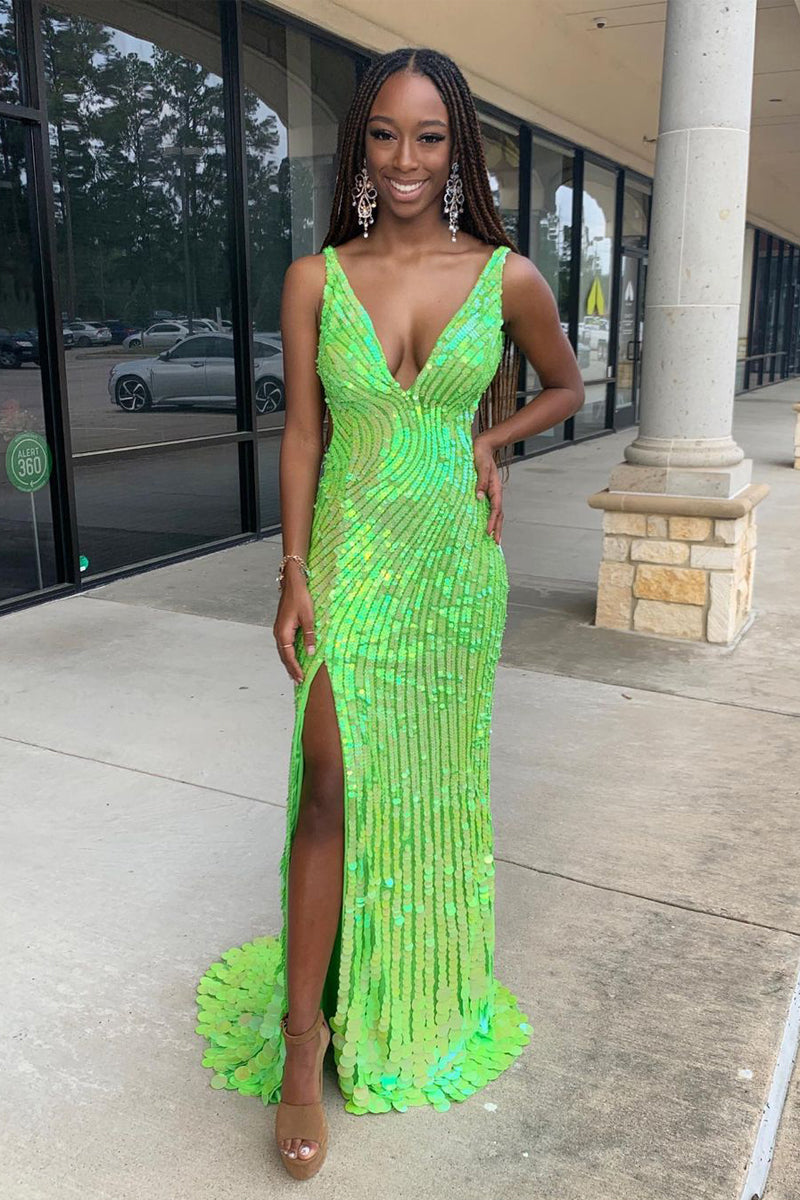 Green V Neck Sequins Mermaid Long Prom Dress with Slit MD4032005