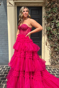 Sparkly Fuchsia Tulle Tiered Corset Long Prom Dress with Lace DM3082719
