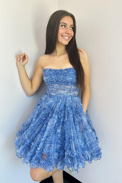 Cute A-Line Strapless Ruffle Short Homecoming Dresses with Pockets MD4062304