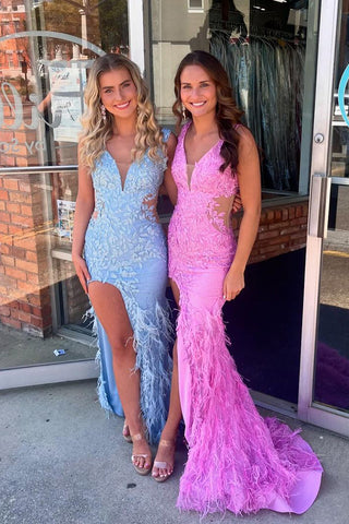 Mermaid V Neck Blue Appliques Long Prom Dresses with Slit MD4032805