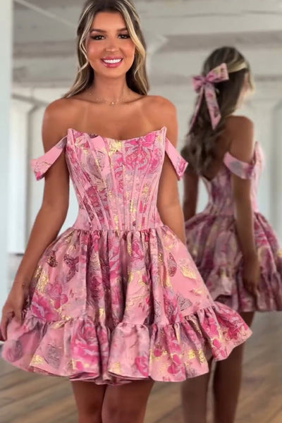 A Line Off the Shoulder Pink Jacquard Satin Short Homecoming Dress DM12060901