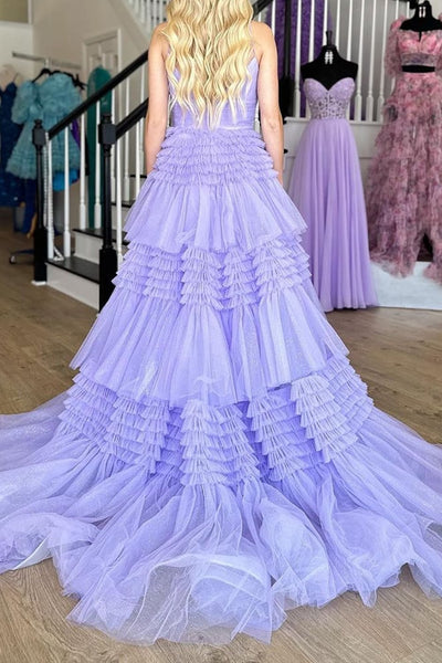 Gorgeous A Line Spaghetti Straps Lavender Long Prom Dress with Ruffles MD121702