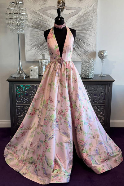 Gorgeous A Line V Neck Flower Printed Satin Prom Dress with Beading DM1111407