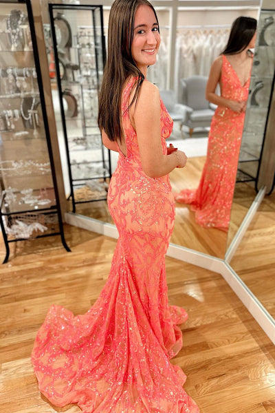 Orange Deep V Neck Sequin Lace Mermaid Long Prom Dress MD122802