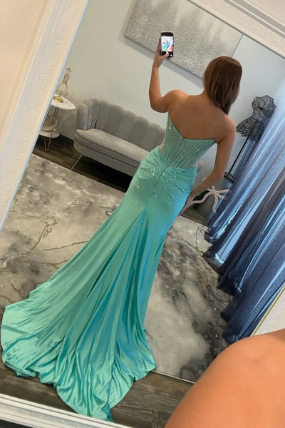 Mermaid Strapless Corset Beaded Long Prom Dress with Slit DM16021502