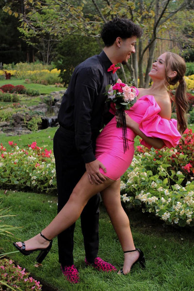 Cute Off the Shoulder Pink Satin Tight Homecoming Dresses DM24101509