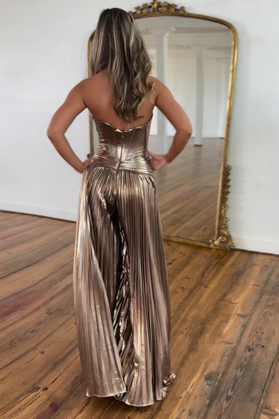 Lovely Sweetheart Brown Pleated Satin Prom Dresses with Slit DM102110