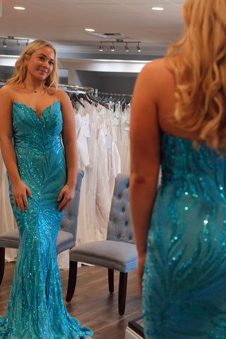 Glitter Mermaid Strapless Blue Sequins Appliques Long Prom Dress MD4022801