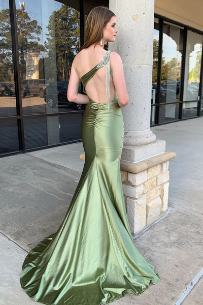 Mermaid One Shoulder Sage Green Satin Long Prom Dress MD4031103