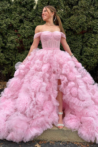 Pink Off the Shoulder Ruffle Tiered Tulle Long Prom Dress MD4021401