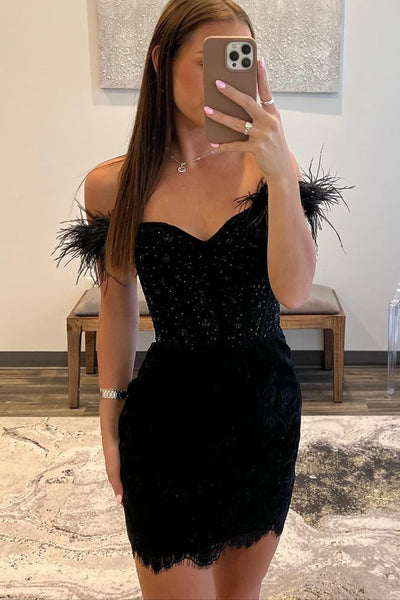 Black Off the Shoulder Short Homecoming Dresses with Feather DM24073003