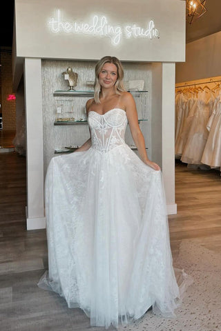 A-Line Tulle Lace Strapless Wedding Dress MD4051605