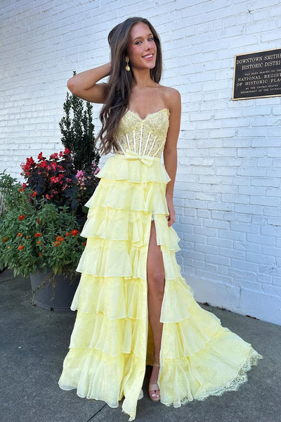Gorgeous A Line Sweetheart Daffodil Chiffon Tiered Prom Dress with Lace DM1112206