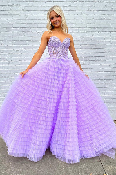 A-Line Sweetheart Ruffle Tiered Tulle Long Prom Dress MD4021504