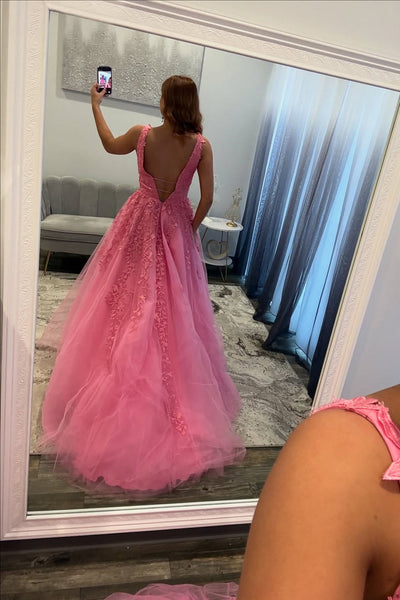 Gorgeous A Line V Neck Pink Tulle Long Prom Dress with Appliques DM52112701
