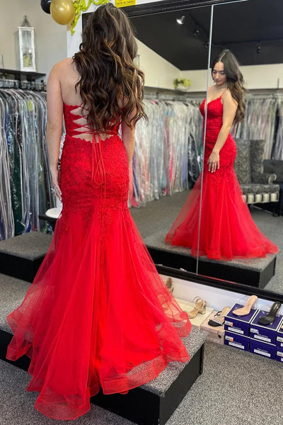 Red Appliques Plunge V Lace-Up Trumpet Long Gown MD122904