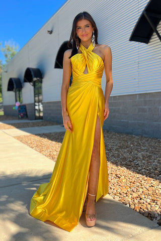 Charming Mermaid Cross Neck Yellow Satin Long Prom Dresses with Slit MD24092907