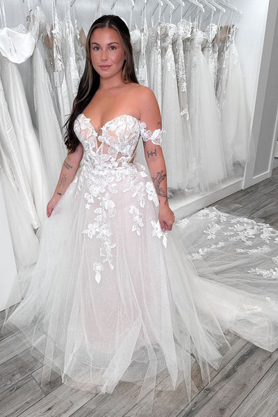 Attractive Off the Shoulder Glitter Tulle Tulle Wedding Dresses with Appliques MD4062510