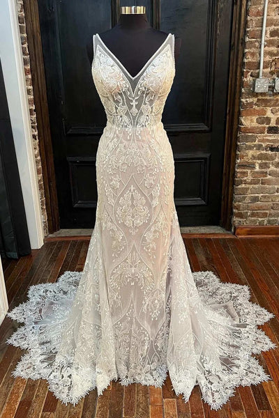 Romantic Mermaid V Neck Lace Long Wedding Dresses DM24102906