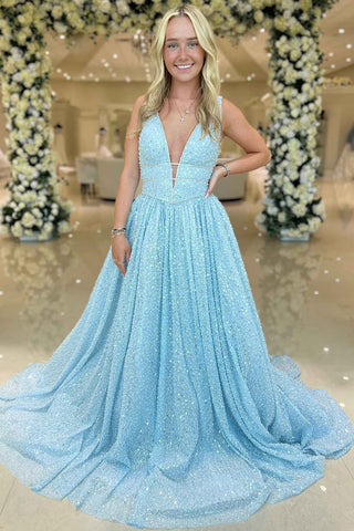 Plunging V Neck Light Blue Sequins A-Line Formal Dress Prom Gown MD110302