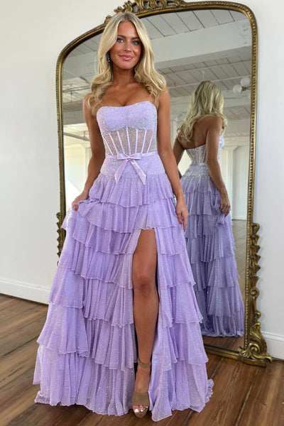 Cute A Line Strapless Light Blue Hot Fix Chiffon Tiered Prom Dress DM26011505