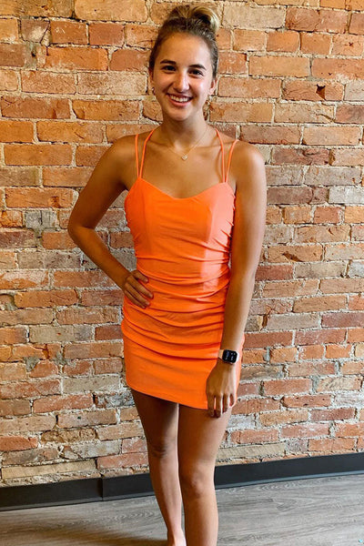 Orange Sheath Sleeveless Satin Criss-Cross Short Homecoming Dress MD091104