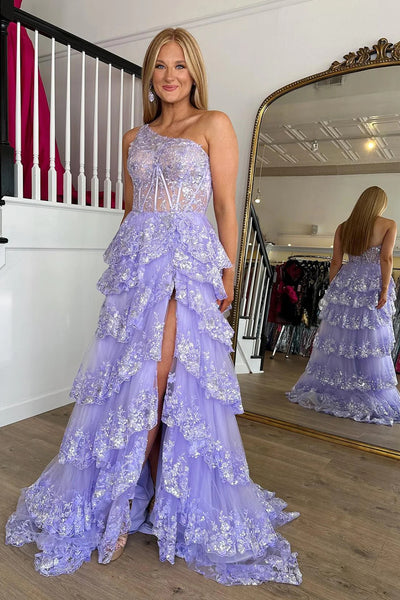 Sparkly Lilac One Shoulder Tiered Lace Long Prom Dress with Slit DM3082812