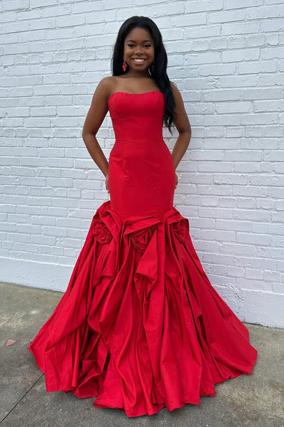 Mermaid Strapless Red Satin Long Prom Dress with Slit DM26011511