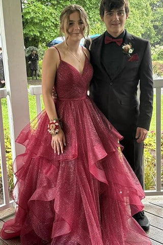 Glitter A-Line V Neck Burgundy Ruffle Long Prom Dresses Formal Gown DM25101706