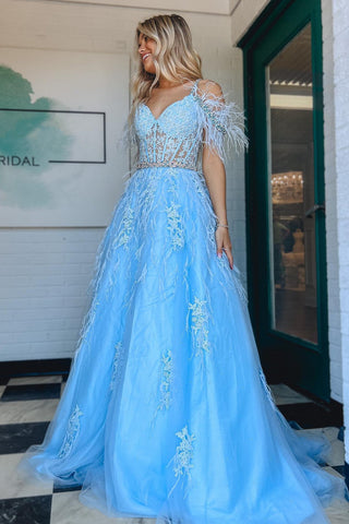 Light Blue Feathers Cold-Shoulder Long Formal Dress MD103009