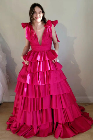 Fuchsia Deep V Neck Tiered Satin Long Prom Dresses MD121101