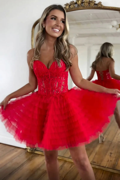 Cute A-Line Sweetheart Red Tiered Tulle Short Homecoming Dresses with Appliques VK081605