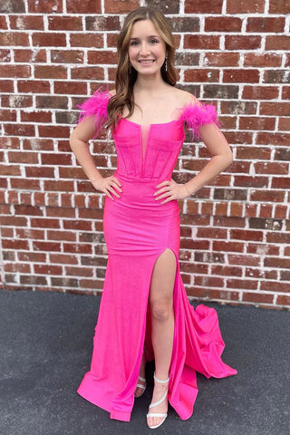 Off The Shoulder Hot Pink Mermaid Long Prom Dress with Feathers MD092312