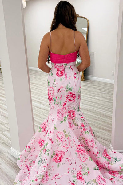 Mermaid V Neck Pink Floral Satin Prom Dress with Bow DM52112505