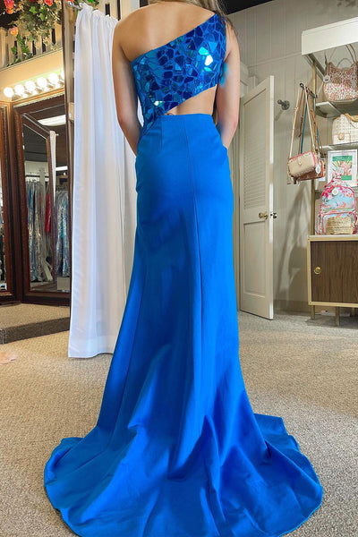 Charming Mermaid One Shoulder Royal Blue Beaded Long Prom Dress with Slit DM090706