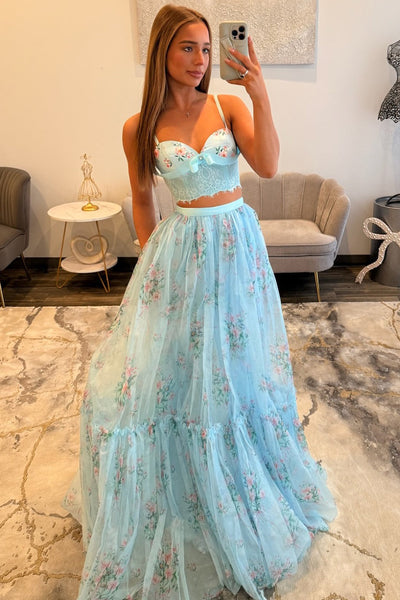 Two Piece Sweetheart Blue Floral Print Appliques Long Prom Dresses DM16021504