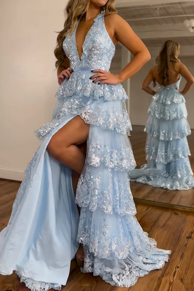 Sparkly Light Blue Halter Backless Lace Tiered Long Prom Dress with Slit MD122701