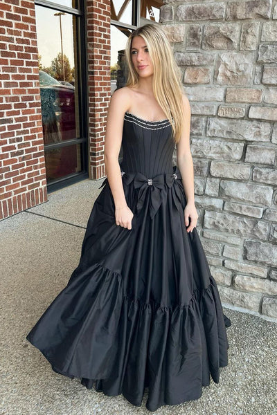 Cute Ball Gown Scoop Neck Black Satin Long Prom Dresses with Beading DM24101513