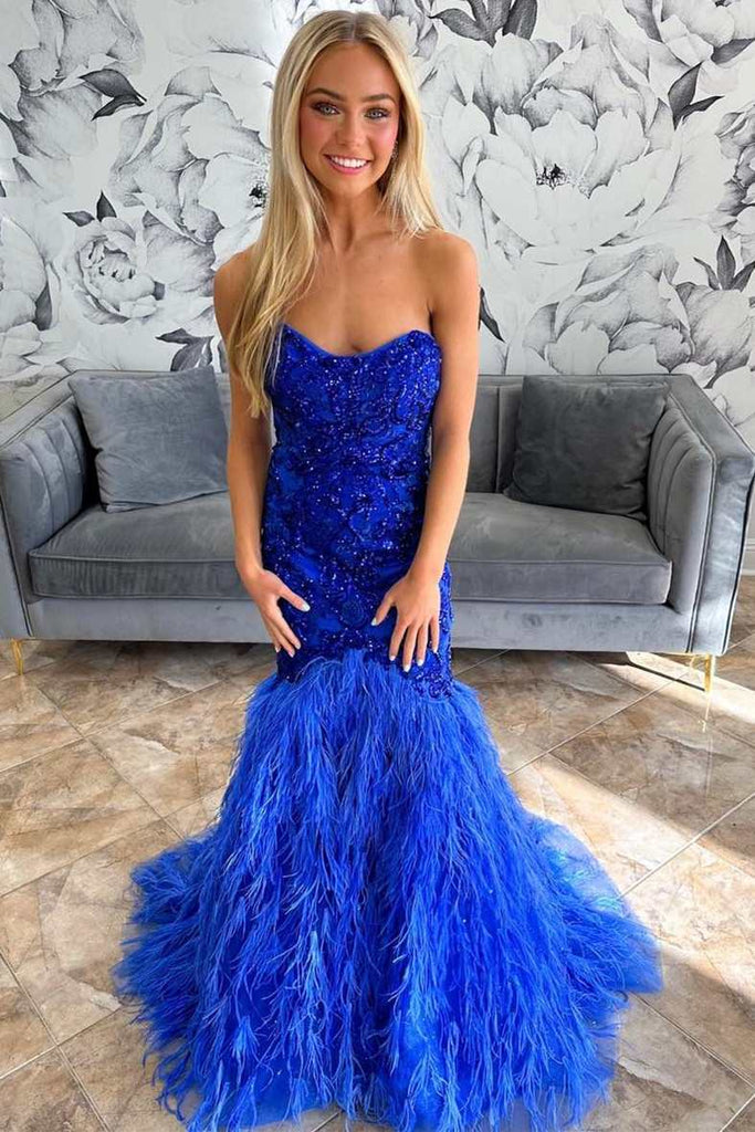 Royal Blue Feathers Beaded Strapless Trumpet Long Formal Gown MD093006 Dressmeet Royal Blue Feathers Beaded Strapless Trumpet Long Formal Gown MD093006 Dressmeet