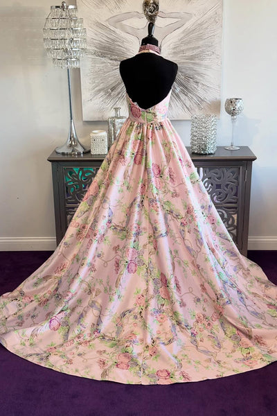 Gorgeous A Line V Neck Flower Printed Satin Prom Dress with Beading DM1111407