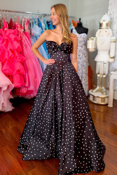 A Line Sweetheart Floral Black White Dot Prom Dress with Bow DM26011207
