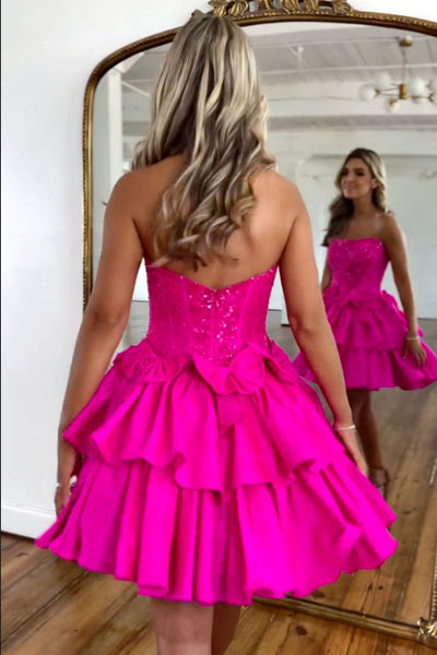 Fuchsia Strapless Ruffle Tiered Short Homecoming Dresses with Bow DM24072405