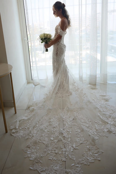 Sheath Off the Shoulder Tulle Lace Wedding Dresses DM26102804