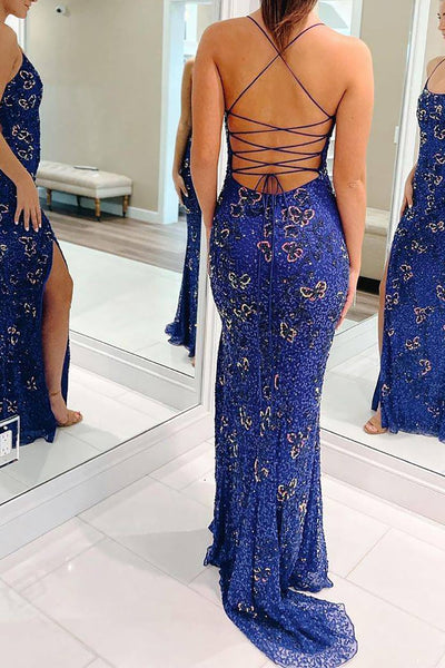 Bling Mermaid Spaghetti Straps Royal Blue Long Prom Dress MD112309