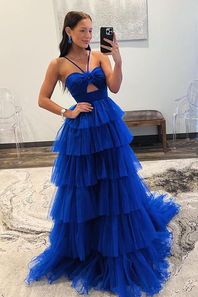 A-Line Keyhole Royal Blue Ruffle Tiered Tulle Long Prom Dresses MD4022202