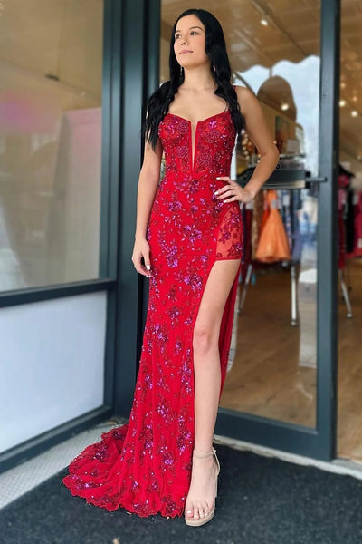 Stylish Mermaid Spaghetti Straps Red Corset Prom Dress with Split Front MD123106