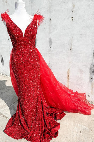 Red Sequin Plunge V Mermaid Long Dress with Attached Train MD102904