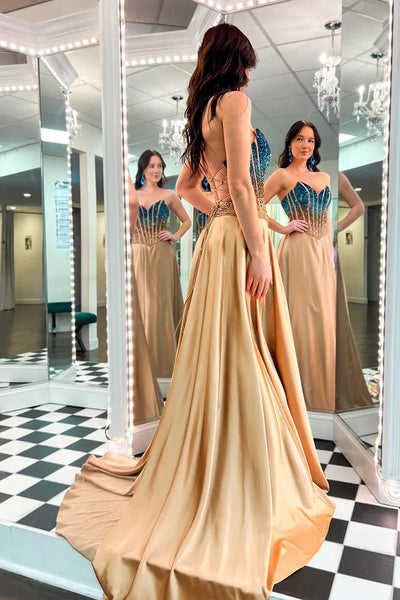 A-Line Strapless Gold Long Prom Dresses with Beadings MD4013102